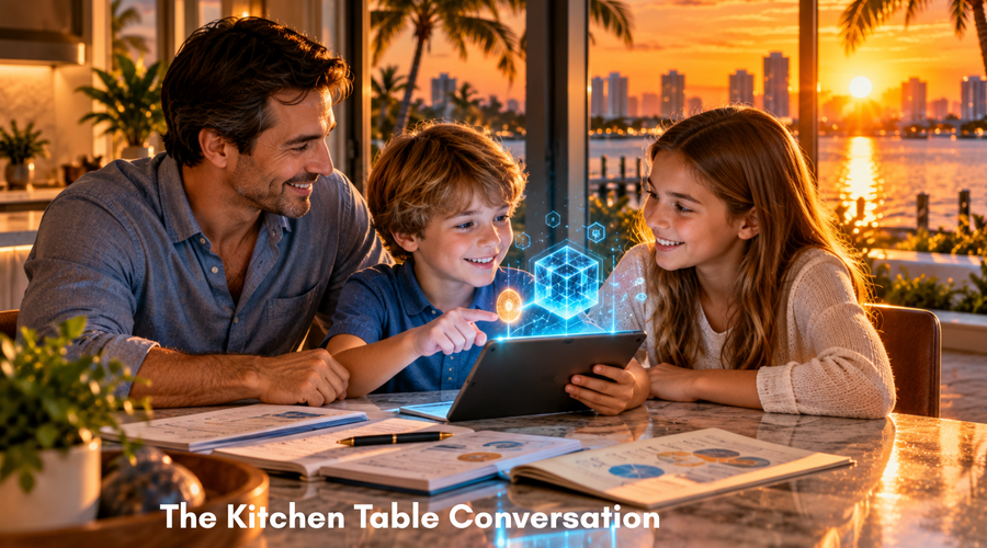 Family having a kitchen table conversation about money and the future